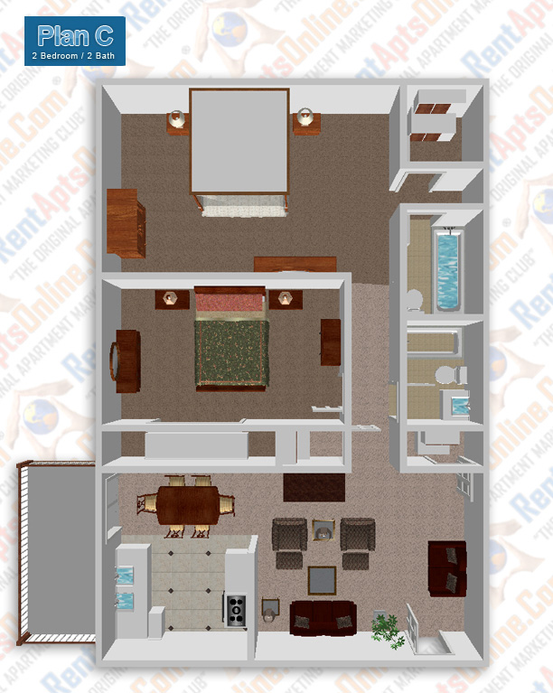 This image is the visual 3D representation of 'Sangria' in Casa Tiempo Apartments.